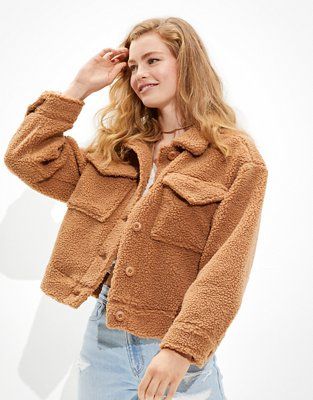 AE Cropped Sherpa Shacket by American Eagle | Made from our soft Cropped Sherpa Jacket, Sherpa Shacket, Cute Coats, Cozy Coats, Oversize Women, Teddy Jacket, Sherpa Jacket, Oversized Jacket, Plaid Jacket