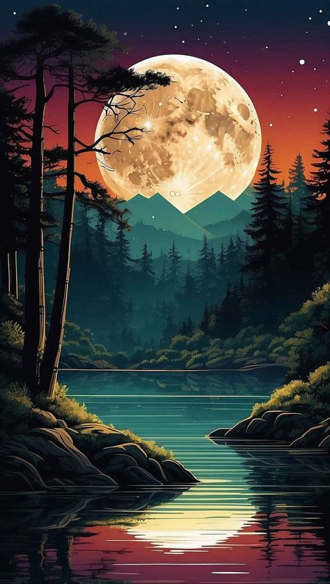 Nighty landscape - Leonardo AI Prompts Nature, Witch Painting, Painted River Rocks, Forest Moon, Full Moon Rising, Mountain Landscape Photography, Minimalistic Art, Reflection Painting, Mountain Drawing