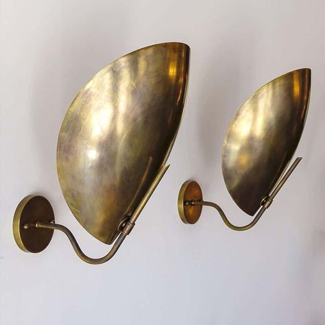 For Sale on 1stDibs - Great brass sconces, reminiscent of beetle armor, also available with individual on/off pull switch. One E26 socket per fixture, max. wattage 60w each, Architecture Restaurant, Brass Sconces, Wall Scones, Wall Lighting Design, Brass Wall Light, Italian Lighting, Modern Wall Lights, Plywood Furniture, Brass Lighting