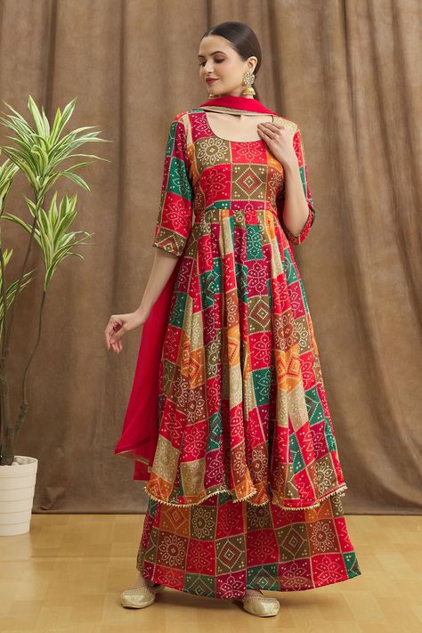 Shop for Samyukta Singhania Multi Color Bandhej Patterned Anarkali Palazzo Set for Women Online at Aza Fashions Diwali Suits For Women, Suite Design For Women, Cotton Suit Designs, Suits For Women Indian, Printed Suits, Diwali Outfits, Indian Kurti, Cotton Anarkali, Long Kurtis