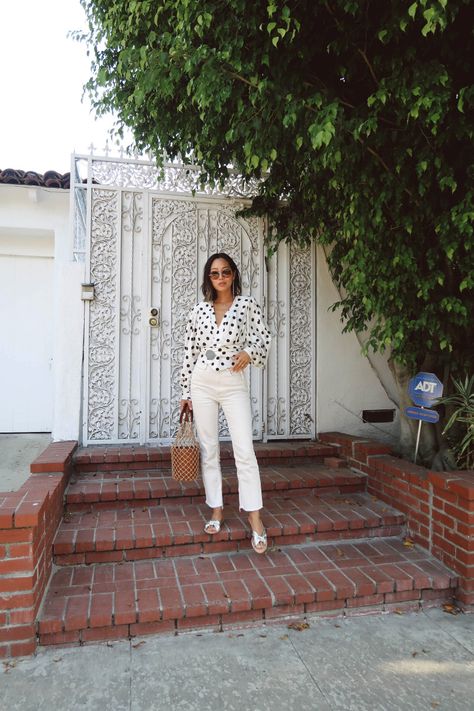 Los Angeles, Angeles, White Polka Dot Top Outfit, Polka Dot Top Outfit, European Fashion Summer, White Polka Dot Top, Aimee Song, White Jeans Outfit, Blogger Outfits