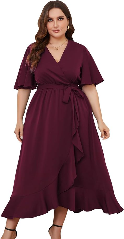 RIROW Women's Plus Size Wrap Maxi Dress - Curvy Women Casual Wedding Guest Ruffle Sleeves Split Hem Dresses Black 20W at Amazon Women’s Clothing store Party Dress For Plus Size Women, Cocktail Dress For Curvy Women, Plus Size Black Dress Outfit, Coctail Attire, Wedding Guest Plus Size Outfit, Plus Size Dresses To Wear To A Wedding, Wedding Guest Outfit Plus Size, Maxi Dress Curvy, Wedding Guest Dress With Sleeves