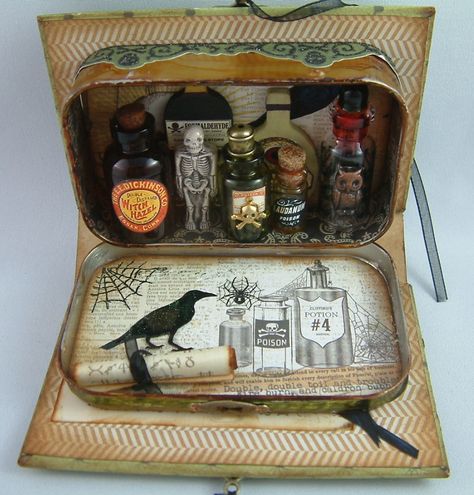 Artfully Musing is a blog dedicated to sharing art and the techniques and products used. I'll be showcasing collage, altered and mixed media art. I have regular giveaways of my art and lots of free tutorials. I hope you'll check back often and are inspired. Thanks for visiting! Laura Halloween Altoid Tin Ideas, Altoid Shrine, Tiny Apothecary, Mini Apothecary, Tin Projects, Tin Ideas, Tin Crafts, Altoids Tin, Altoid Tin