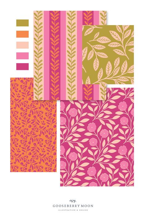 Patchwork, Prints Patterns Design, Two Colour Pattern, Pattern Collection Design, Brand Color Palette Pink, Branding Pattern Design, Fabric Prints Design Patterns, Botanical Color Palette, Fabric Design Ideas