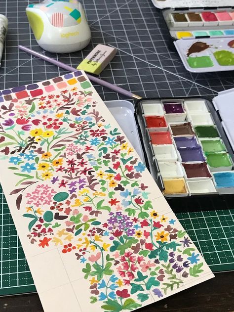 Gouache Painting Ideas, Gouache Palette, Gouache Flowers, Gouache Paint Set, Gouche Painting, Monochrome Painting, Night Sky Painting, Japanese Watercolor, Gouache Illustrations