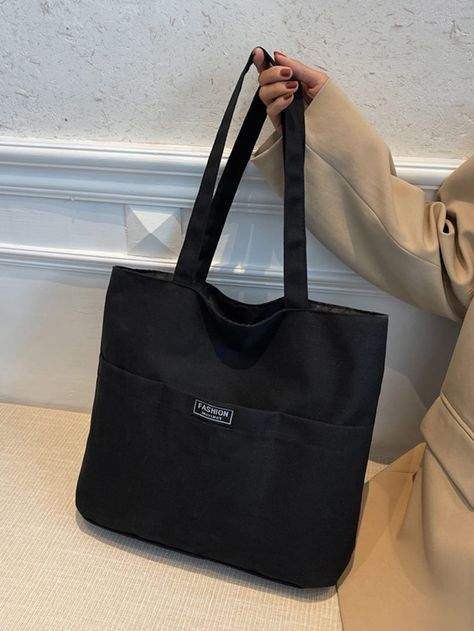 Black Bag For School, Uni Bag Aesthetic, Bags For Uni, Uni Tote Bag, Big Bags For Women, Black Tote Bag Aesthetic, Tout Bag, Tote Bag For College, Uni Bags