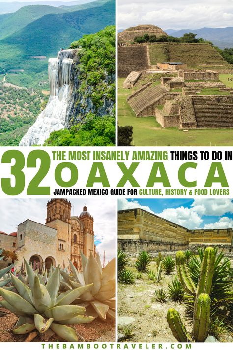 a photo of a waterfall, ancient pyramids, a plant in front of a church, and a cactus in front of an ancient ruin Oaxaca, Mexico, Oaxaca Mexico Travel, Oaxaca City Mexico, Mexico Honeymoon, Mexico Itinerary, Mexico City Travel, Oaxaca City, Mexico Travel Guides