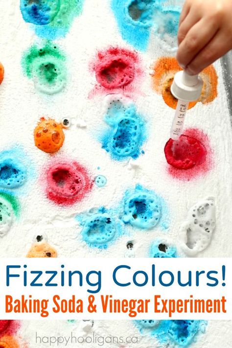 Fizzing Colours! A Baking Soda and Vinegar Experiment for Preschoolers Science Experiment For Toddlers, Baking Soda Experiments, Science Activities For Toddlers, Science Preschool, Toddler Science Experiments, Science For Toddlers, Baking Soda And Vinegar, Happy Hooligans, Science Stem