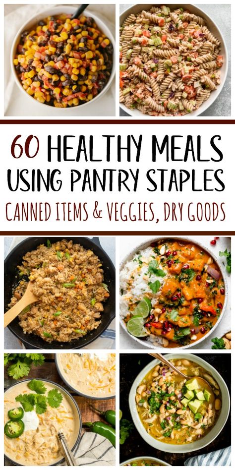 These 60 healthy recipes are made using pantry staples and with only a few ingredients. There are easy, budget-friendly recipes for main dishes with chicken, beef and pork, and recipes using canned salmon, canned tuna, and many meatless recipes for all of your canned vegetables and pantry goods like oats, quinoa, pasta, rice, beans and potatoes. #healthyrecipes #healthypantrystaples #pantrystaplerecipes #healthypantryrecipes #easypantrymeals Dishes With Chicken, Healthy Pantry Staples, Beans And Potatoes, Quinoa Pasta, Healthy Pantry, Canned Salmon, Healthy Budget, Beef And Pork, Rice Beans