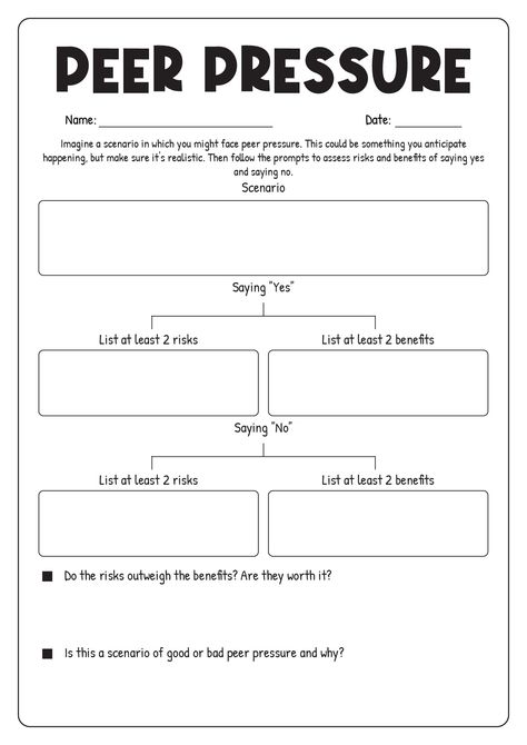 Peer-Pressure Worksheets for Teens Peer Pressure Activities For Teens, Group Therapy Activity For Teens, Group Therapy Ideas For Teens, Friendship Activities For Teens, Communication Activities For Teens, Coping Skills Activity For Teens, Communication Activities For Kids, Peer Pressure Worksheets, Social Cues Activities