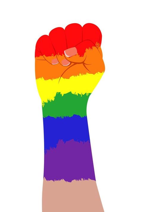 Rainbow hand clenched into a fist. Brush stroke of LGBT flag. Human rights and tolerance. Vector illustration isolated on white background. LGBT community. Flag Human, Hands Icon, Lgbt Flag, Lgbt Rights, Lgbt Community, Vector Shapes, Rainbow Flag, Human Rights, Brush Strokes