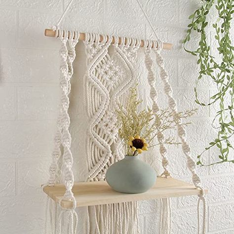 Macrame Wall Hanging Shelf, Shelf Macrame, Bohemian Style Home, Wall Shelf Display, Living Room Tapestry, Rope Plant Hanger, Wall Hanging Shelf, Macrame Shelf, Bathroom Shelf Decor