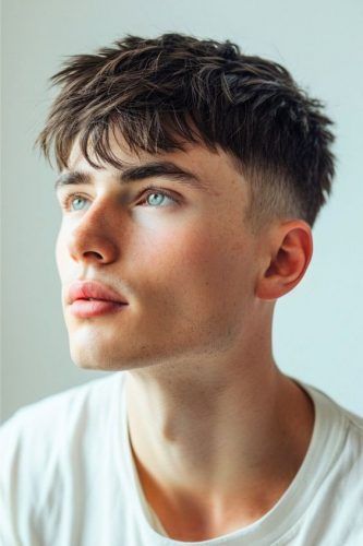 Discover 2024's Top 19 Men's Fringe Hairstyles: From Bold Undercuts to Curly Charms | Trendsetting Hair Ideas Side Fringe Men Hairstyles, Men's Fringe Hairstyles, Textured Mens Hair, Hairstyles For Short Hair Big Forehead, Medium Top Short Sides Men, Fringe Hairstyles Straight Hair, Forward Hairstyles Men, Side Fringe Hairstyles Short, Short Sides Medium Top Hair Men