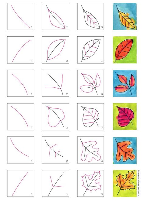 How to Draw Fall Leaves · Art Projects for Kids Fall Art For Second Grade, Watercolor Art First Grade, How To Draw A Fall Leaf, Fall 1st Grade Art Projects, 3rd Art Projects, Fall Craft Grade 1, Second Grade Fall Art Projects, Leaf Art Elementary, Fall Art Project For Kindergarten