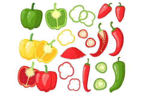 Cartoon peppers. Sweet red, yellow and hot peppers, bell pepper, juicy farm vegetables, pepper slices, cutaway peppers vector illustration set. Veggie rings, seasoning for cooking food Farm Vegetables, Vegetables Illustration, Bell Paper, Red Jalapeno, Breathing Fire, Fire Vector, Stuffed Peppers Healthy, Vegetable Illustration, Hot Spices