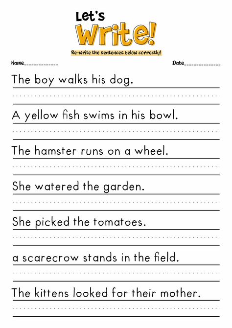 Practice Sentences For First Grade, Sentence Worksheets Kindergarten, 1st Grade Sentence Writing Worksheets, Writing Sentences Worksheets Free Printable, Grade 2 Sentence Writing, Copying Sentences Free Printable, Write Sentences Worksheets, Sentence Copying Free Printable, 1st Grade Worksheets Writing