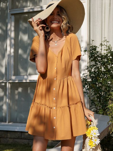 Mustard Yellow Midi Dress, Mustard Yellow Outfit, Midi Dress Outfit, Yellow Outfit, Button Up Dress, Color Analysis, Smock Dress, Women Dresses, Mustard Yellow