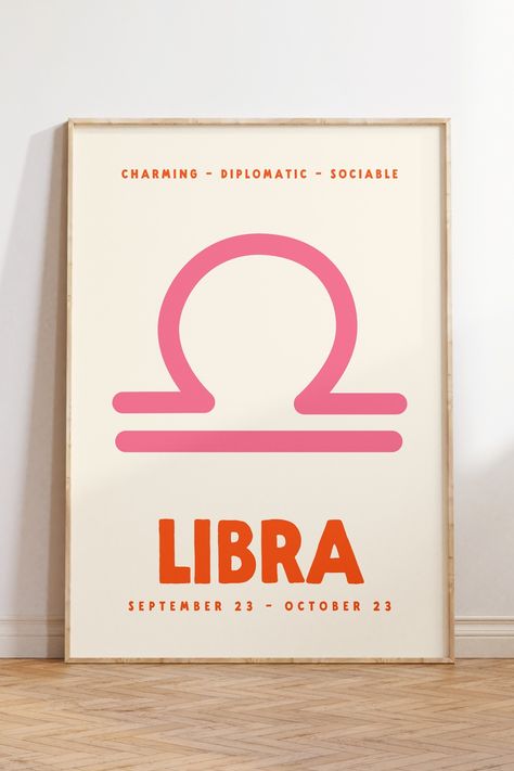 Libra Zodiac Sign Print, Pink and Orange Poster, Maximalist Poster, Modern Colorful Eclectic Decor, Star Sign Poster, Astrology Wall Art, Dopamine Colors, Dopamine Wall Art, Libra Wall Art, Libra Bedroom, Libra Decor, Libra Painting, Pink And Orange Poster, Astrology Painting, Zodiac Signs Art, Libra Poster