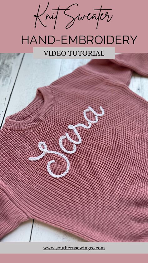 Chain Stitch On Sweater, Knitted Name Sweater, Hand Stitched Sweatshirt, Embroidery Fonts By Hand, Diy Hand Embroidered Sweatshirt, Yarn Embroidery On Sweater, Knit Sweater Tutorial, Hand Embroidery Sweater, Hand Embroidered Baby Blanket