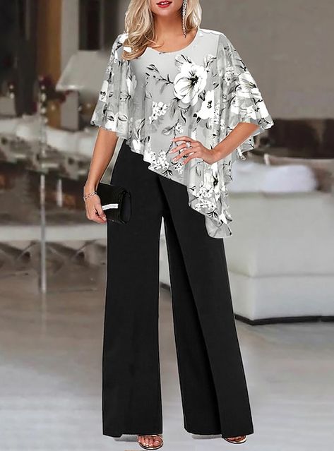 Office Elegant, Wide Leg Pants Outfits, Leg Pants Outfit, Asymmetrical Hem Top, Elegante Casual, Jumpsuit Online, Butterfly Sleeves, Printed Jumpsuit, Type Of Pants