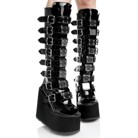 Demonia Patent Trinity Boots ($115) ❤ liked on Polyvore featuring shoes, boots, patent leather boots, knee high boots, knee high buckle boots, patent boots and futuristic boots Trinity Boots, Kasut Wanita, Grunge Shoes, Galaxy Converse, Demonia Boots, Galaxy Vans, Mode Emo, Goth Boots, Goth Shoes