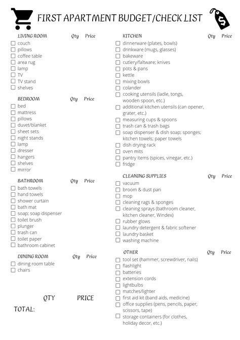 Checklist For Apartment, Move In List First House, Grocery List Apartment, Basic Home Essentials List, First Apartment Furniture Checklist, First Move In Checklist, Move Out Budget First Apartment, List To Move Out First Apartment, Lists For Moving First Apartment