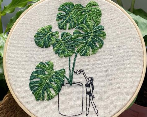 Embroidery Potted Plants, House Plant Embroidery, Houseplant Embroidery, Monstera Embroidery, Jeans Repair, Transparent Embroidery, Learn To Embroider, Hoop Crafts, Plants Embroidery