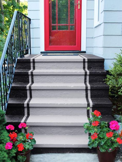 HGTV Magazine has the tips and tricks you need to know to properly paint concrete steps. Concrete Front Steps, Painted Porch Floors, Cement Steps, Painted Concrete Steps, Outside Steps, Paint Concrete Patio, Front Porch Steps, Painted Staircases, Porch Paint