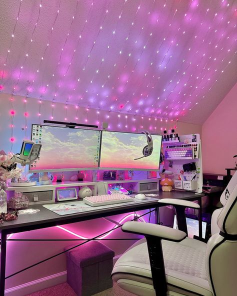 Dream Setup Desk, What Hobby Am I, Youtube Gamer Setup, Pink Work From Home Setup, Dual Monitor Desk Setup Aesthetic, Dream Gaming Setup, Gamer Desk Aesthetic, Girly Gaming Room, Gamer Aesthetic Girl