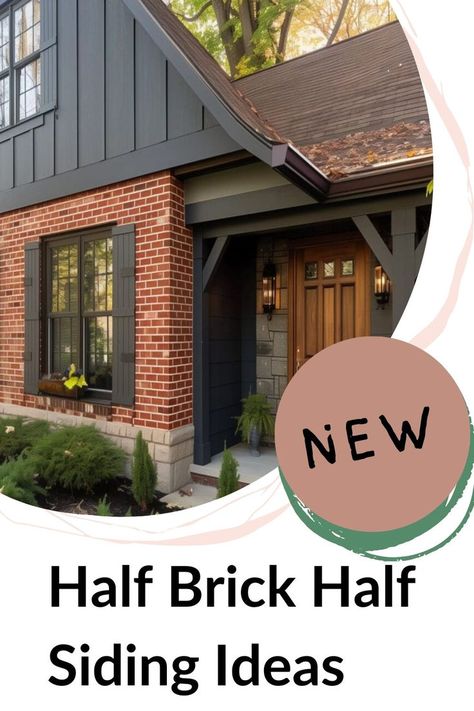 A home that merges style and substance with its half brick half siding exterior, set in a serene neighborhood. Red Brick House Exterior Paint Ideas, Red Brick Stain Exterior Before And After, Painted Brick House Exterior Ideas, Painted Outdoor Brick House, Traditional Red Brick House, Brick House With Vinyl Siding Addition, Brick House With Painted Siding, Part Brick Part Siding Exterior, Red Brick And Cladding Exterior