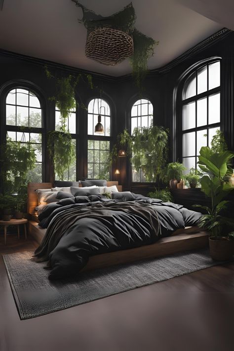 Black Interior Design With Plants, Gothic Plant Room Aesthetic, Black Brown And Green Bedroom, Dark Bedroom Plants, Planty Bedrooms Aesthetic, Dark Green House Aesthetic, Black Gold And Green Bedroom, Black White Green Bedroom, Dark Green Room Ideas Bedroom