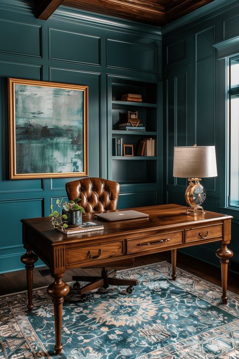 Teal Study Home Office, French Office Design, Dark And Moody Home Office, Moody Vintage Office, Vintage Home Office Decor, Moody Boho Office, Moody Office Ideas, Vent Painting, Manly Office