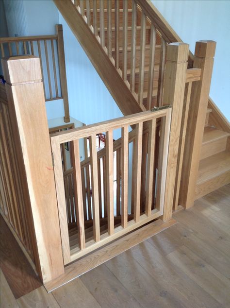 Baby stairs gate made and fitted by Burke joinery in Kildare. Stylish and practical as it was made to match the original oak staircase. Stair Gate Diy, Wooden Baby Gate, Wooden Stair Gate, Wooden Side Gates, Stairs Gate, Staircase Gate, Wooden Baby Gates, Gate For Stairs, Wooden Garden Gate