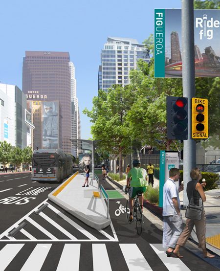 MyFigueroa / Los Angeles Downtown News Future City, Street Curb, Streetscape Design, Cycling City, Kabul Afghanistan, Bike Lane, Pit Bike, Road Design, Pedestrian Bridge