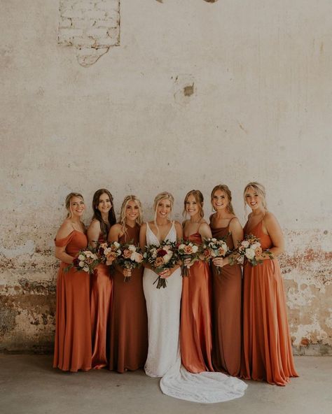 Earth Tone Wedding Bridesmaid Dresses, Sage Green Rust Orange Wedding, Paprika Color Wedding, Multi Color Fall Wedding, Rustic Bridesmaid Dresses Mismatched, Burnt Orange Mismatched Bridesmaids, Sage Green And Terracotta Bridal Party, Evergreen And Burnt Orange Wedding, Orange And Dark Green Wedding