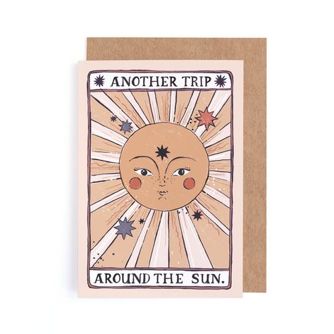 We're in love with our gorgeous tarot birthday card with a delicately illustrated smiling sun in a reimagined tarot card art style. Hand painted lettering reads 'Another trip around the sun'. Perfect for manifesting good vibes for any special birthday, especially for a witch, wicca or anyone spiritual. A great tarot gift to let the sunshine in!  Blank inside for your own personal message Each of our cards begins life as an original, hand painted illustration for a unique and magical touch. All o Sun Birthday, Creative Birthday Cards, Art Carte, Unique Birthday Cards, Karten Design, Homemade Birthday Cards, Cute Birthday Cards, Bday Cards, Elegant Birthday