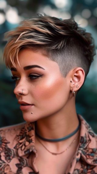 Dirty Blonde Undercut Hair Color Ideas For Undercut, Short Female Haircut Shaved Sides, Short Pixie With Undercut Shaved Sides, Pixie Hairstyle Color Ideas, Womens Pixie Undercut, Blonde Pixie With Dark Roots, Black Pixie With Highlights, Formal Dress With Pixie Hair, Low Taper Fade Haircut Women