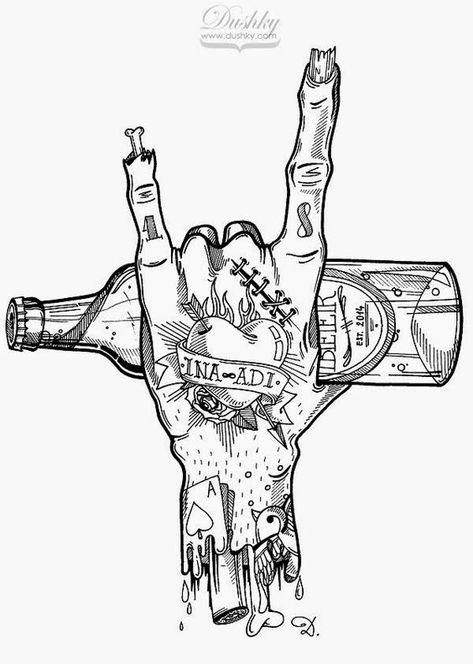 Zombie rock hand with tattoos! This is totally us if there is a zombie apocalypse!   Art | Music | Drawing | Ideas Zombie Hand Tattoo, Rock Hand Tattoo, Wedding Invite Illustration, Invite Illustration, Beer Tattoos, Bottle Tattoo, Elegant Nail, Tattoo Zeichnungen, Zombie Hand