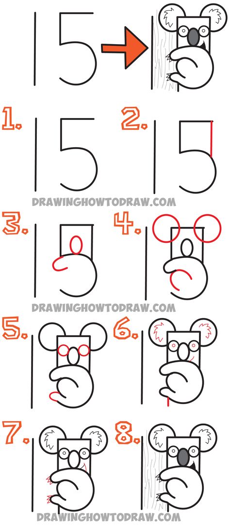 Learn How to Draw a Cartoon Koala Bear from the Number 15 - Simple Drawing Lesson for Kids Draw Pictures From Numbers, How To Draw Using Numbers, How To Draw With Numbers, How To Draw A Koala, Drawing With Numbers Kids, Number Drawing Ideas, Number Drawings, Numbers Drawing, Cartoon Koala