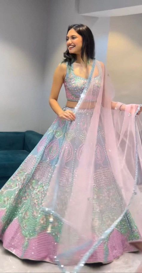 Pastel, Mirror Dupatta, Lehengas Choli, Party Wear For Women, Mirror Work Lehenga, Bridesmaid Lehenga, Choli For Women, Side Work, Wedding Dresses Indian