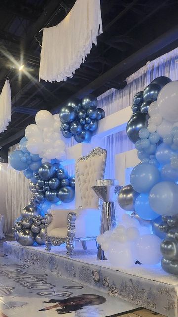 Kouture Kreations by Kristan on Instagram: "We always deliver 🙌🏾 #kouturekreationsbykristan #kouturekidz #sweet16 #atlantakidsbirthday #atlantaeventplanner #atlantapartyplanner #atlantaeventstylist #mompreneur #mompreneurlife #celebratelife" Blue And Silver Sweet 16 Dress, Sweet Sixteen Court Ideas, Periwinkle Sweet 16 Decorations, Sweet Sixteen Venue Ideas, Blue Sweet 16 Decorations Theme Parties, Diamond Sweet 16 Theme, Best Sweet 16 Party Ideas, Sweet 16 Hall Decorations, Birthday Venue Ideas Sweet 16