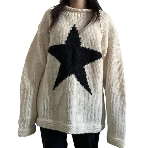 Sweater Star, Loose Pullover Sweater, Clothes Streetwear, Outfit Chic, Winter Pullover, Hip Pop, Y2k Clothes, Loose Knit Sweaters, Star Sweater