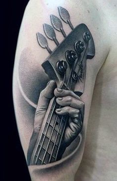 Guitar Tattoo Men's Designs Ideas Guitar Neck Tattoo, Guitar Tattoo For Men, Bass Guitar Tattoo, Guitar Tattoo Designs, Music Guitar Tattoo, Acoustic Guitar Tattoo, Guitar Tattoo Design, See Tattoo, Music Notes Tattoo