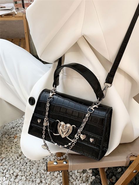 Black Fashionable   PU Leather Crocodile,Heart Square Bag Embellished   Women Bags Black Mini Bag, My Style Bags, Heart Decor, Girly Bags, Fancy Bags, Heart Chain, Pretty Bags, Embroidered Bag, Black Chain