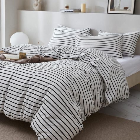This Duvet Cover Set is Made From 100% Natural Cotton, Breathable, Machine washable. It gives you the ultimate soft feel at a great value and keeps you comfortable all through the night.  White Duvet Cover with Grey Stripes. Gray Striped Bedding, Mens Apartment, Striped Duvet Cover, Stripe Bedding, White Duvet Cover, Men Apartment, Striped Duvet, Striped Duvet Covers, Bedding Ideas
