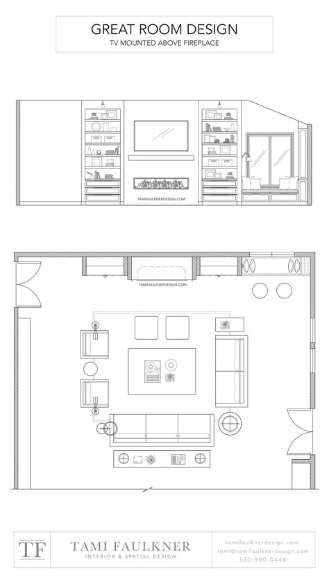 MOUNTING A TV ABOVE A FIREPLACE - YES OR NO? — Tami Faulkner Design Living Room Plans Layout, Living Room Floor Plans With Fireplace, Plan Section Elevation Drawings Of House, Living Room Plan And Elevation, Living Room Designs Drawing, Great Room Dimensions, Floor Plan Living Room, Interior Design Autocad, Interior Design Drawings Floor Plans