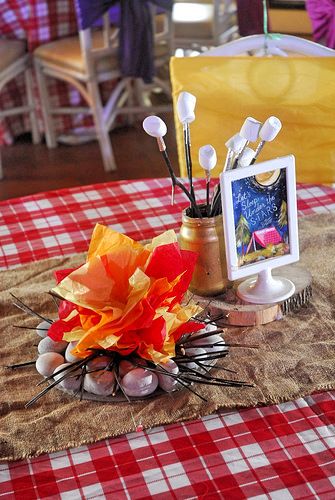 table | jowong19 | Flickr Smore Packages, Camping Table Decorations, Adult Camping Party, Camping Themed Party, Camper Table, Camping Party Decorations, Camping Theme Birthday Party, Camping Theme Birthday, Party Table Centerpieces