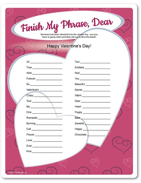 Printable Valentine's Day Game >> Finish My Phrase, Dear Party Games For Couples, Couples Dinner Party, Valentines Games For Couples, Finish My Phrase, Games For Ladies Night, Valentine Game, Valentine Games, Church Valentines, Games For Ladies
