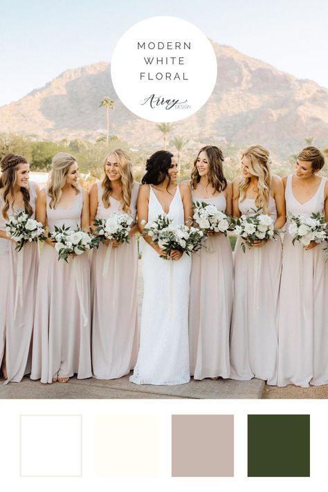 All White Flowers Wedding Bridesmaid Bouquets, Wedding Background Reception, White And Greenery Wedding Bridesmaids, Modern Wedding Pallet, Spring Wedding Schemes Colour Palettes, Champagne Green White Wedding, Neutral And Green Wedding Decor, Neutral Eucalyptus Wedding, Greenery And White Wedding Bridesmaids
