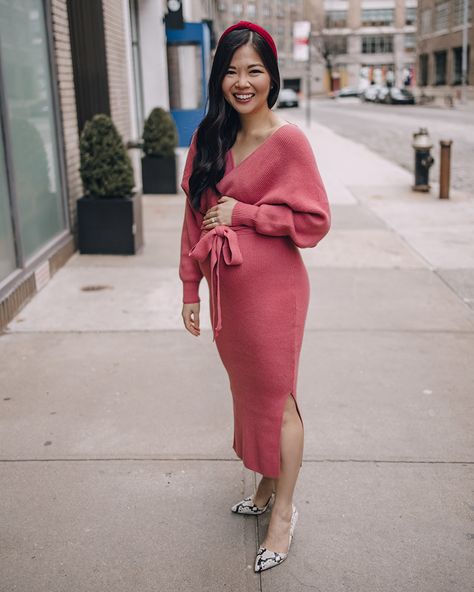 Bump Friendly Valentine’s Day Outfit – Skirt The Rules | NYC Style Blogger Comfy Maternity Outfits, Dress Pregnant, Outfit For Spring, Pink Sweater Dress, Wrap Sweater Dress, Maternity Outfit, Nyc Style, Outfit Skirt, Pink Wrap